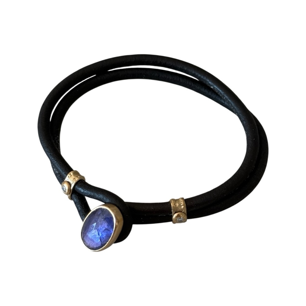 Jamie Joseph 14K Gold, Diamond, and Purple Stone Leather Designer Bracelet